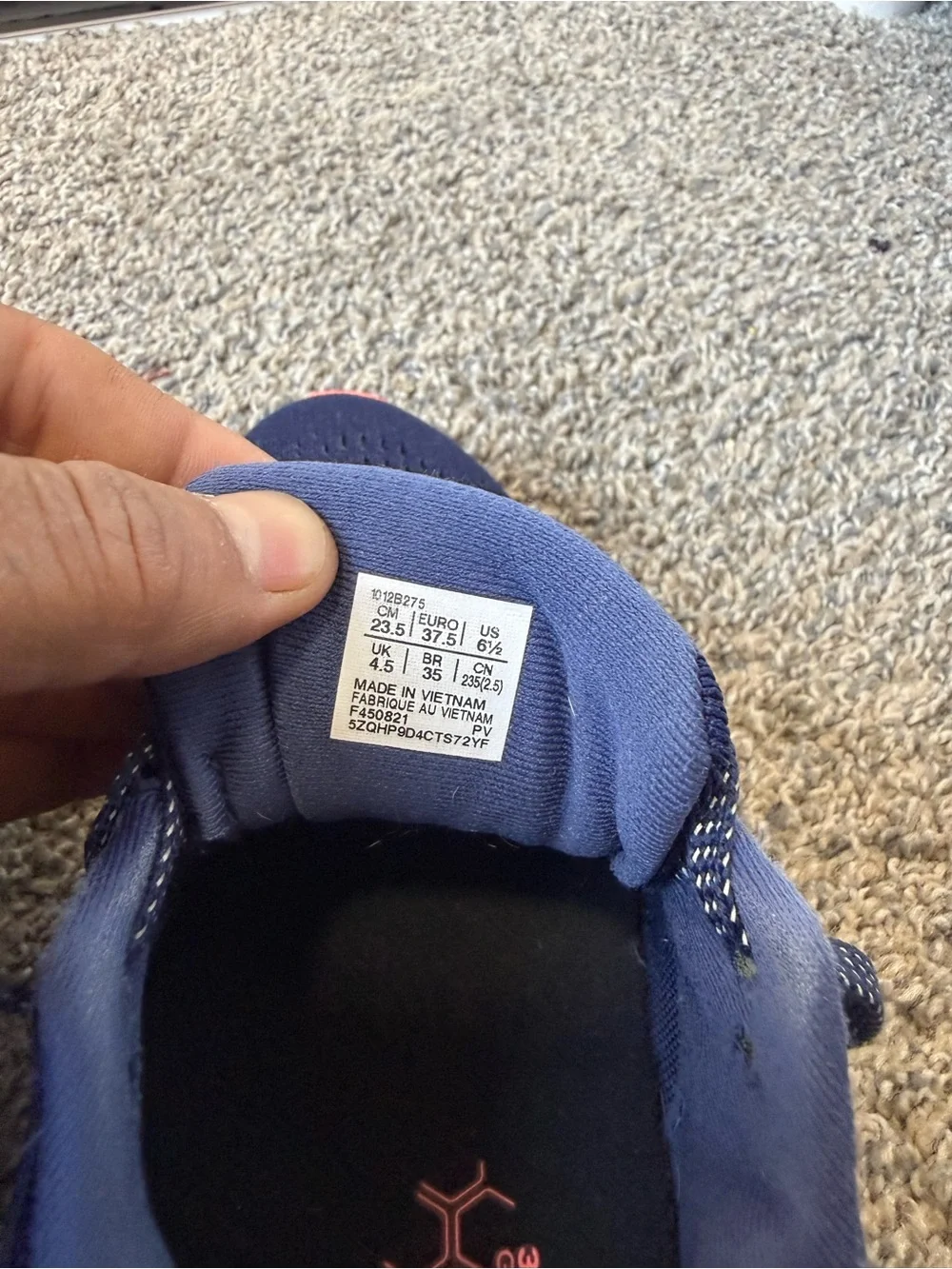 Asics size 6.5 Navy Running Shoes with Coral Accents
